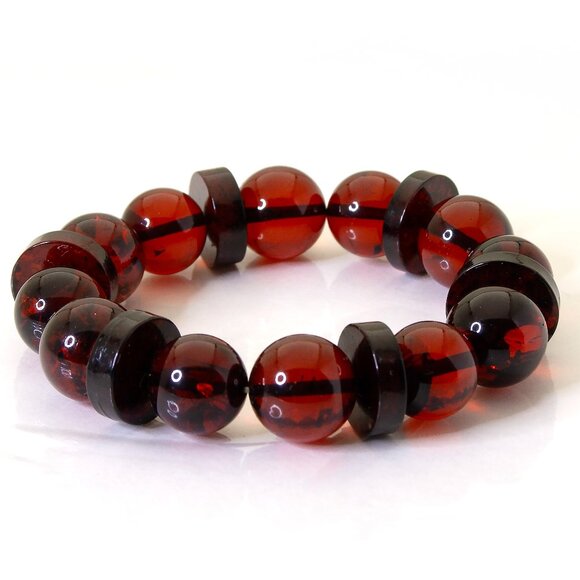 100% NATURAL Dark Cherry Amber Bracelet, 13-14 mm Round Beads with Disks - Picture 3 of 8